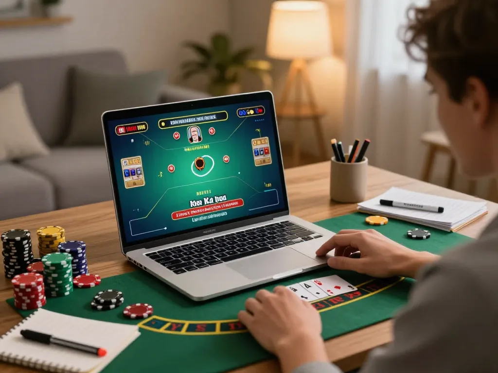 Engaging in live dealer blackjack online at home, showcasing strategic gaming environment with sv66.