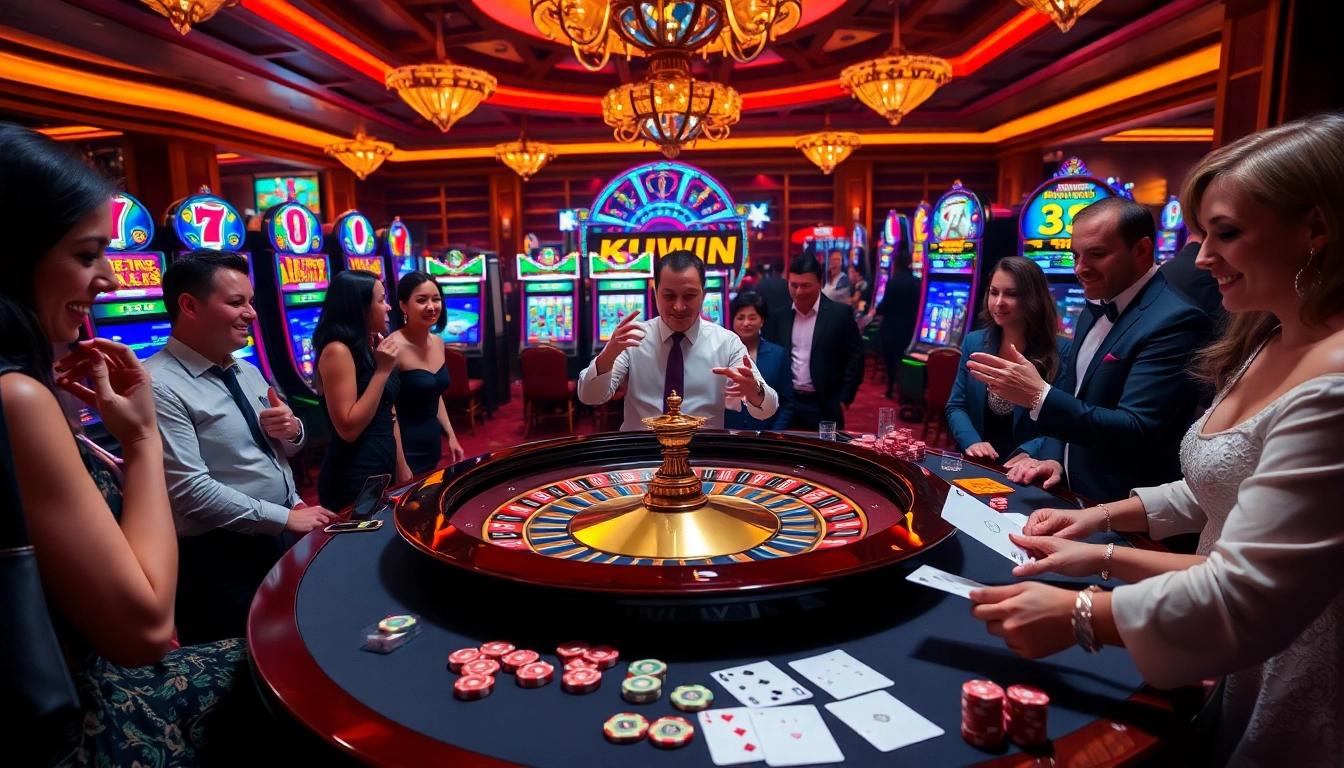 Exciting KUWIN casino scene with roulette, poker chips, and vibrant slot machines.