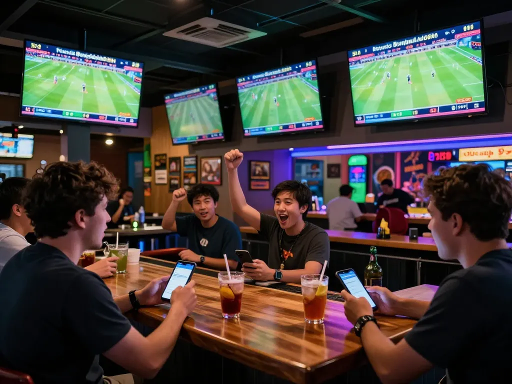 Bongdalu88 users enthusiastically betting on live football matches in a lively sports bar
