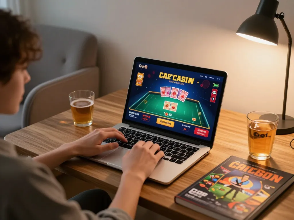 Engaging with Go8 online casino app while playing at home with strategy guide and drink.