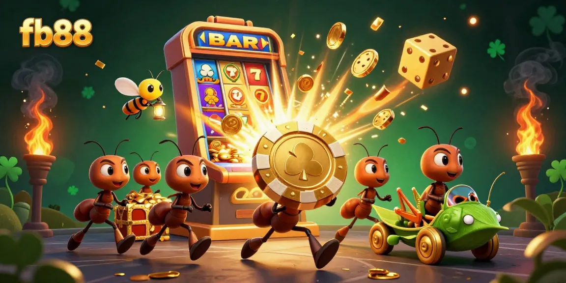 Experience exciting gameplay at fb88 with ants heisting a giant poker chip amidst a vibrant casino scene.