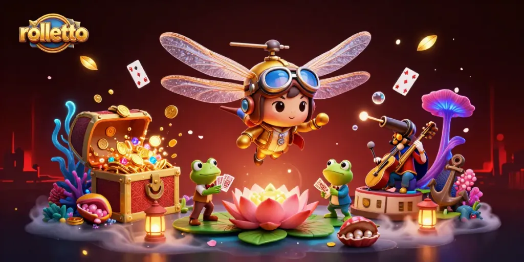 Spin the reels of rolletto while a frog croupier deals cards in a vibrant casino scene.