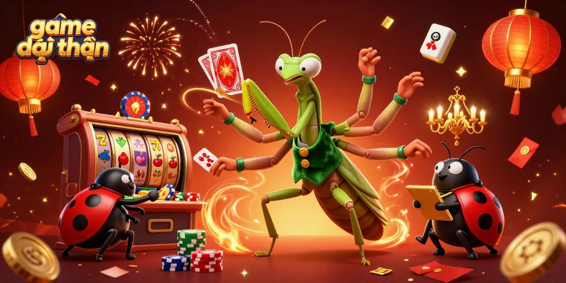 Engage in thrilling game đổi thưởng with a colorful casino scene featuring a mantis dealer and more.