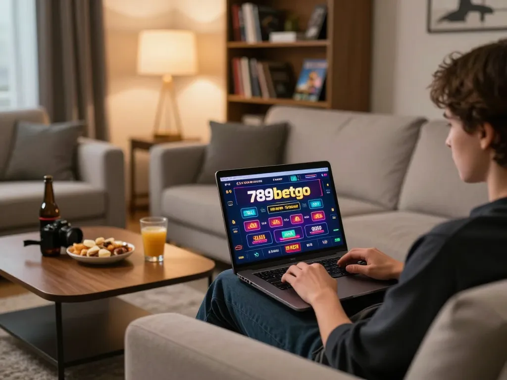 Engaged player using 789betgo on a laptop in a cozy home setting, showcasing a strategic gaming atmosphere.