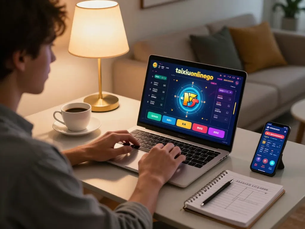 Player engaged with taixiuonlinego on laptop, showcasing strategic gameplay and online casino excitement.
