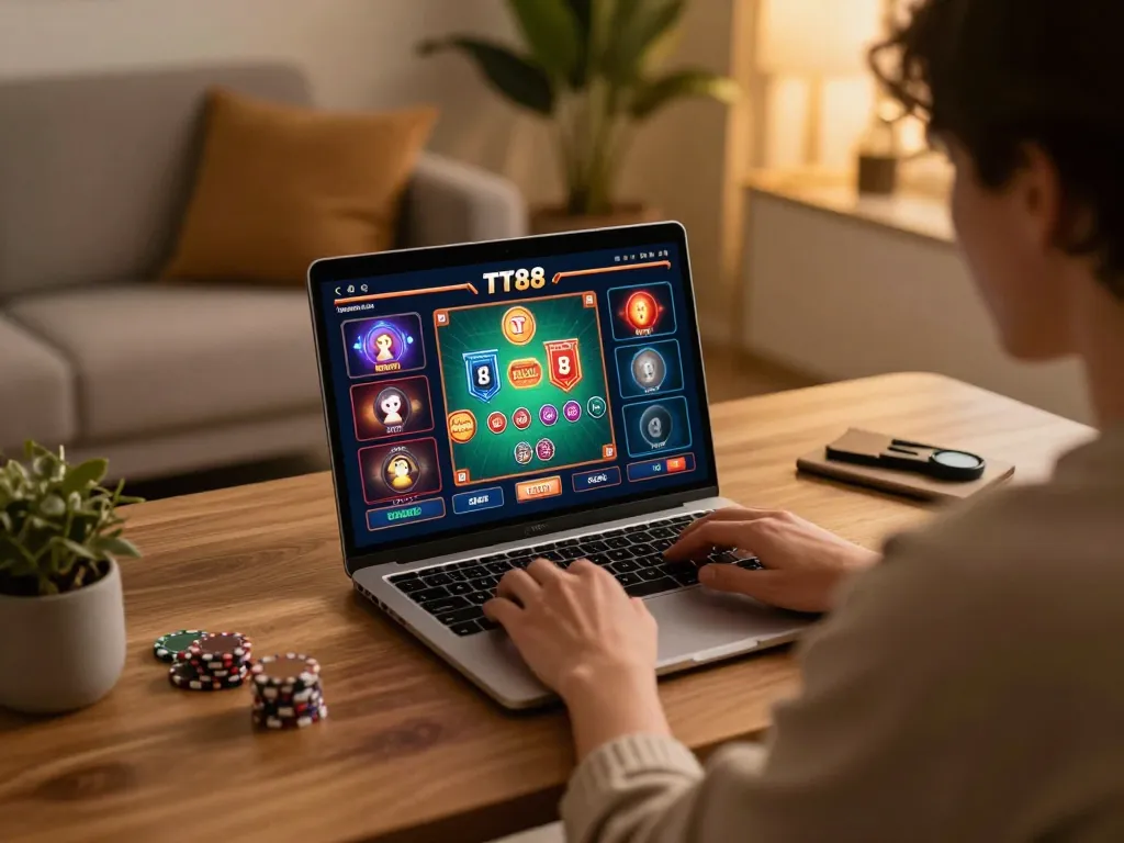 Engaging in strategic TT88 online gaming while relaxing at a modern desk