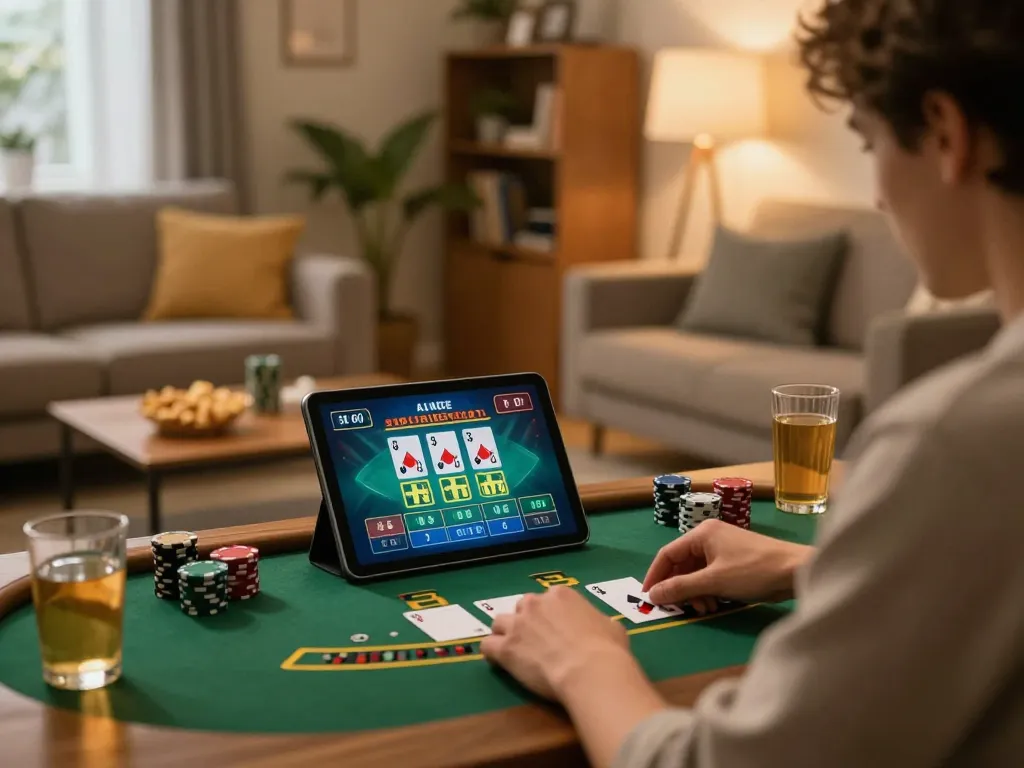 Net88 player enjoying a live dealer blackjack game on tablet in cozy home setting, highlighting modern online gambling.