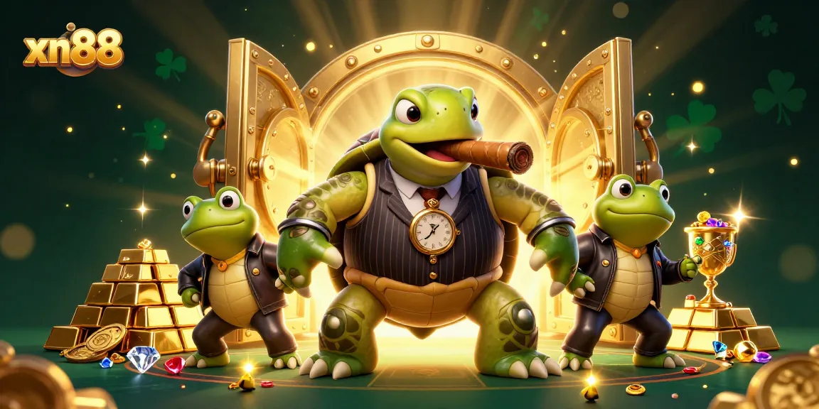 Experience the vibrant world of xn88 with a cartoon turtle and frog enforcers surrounded by casino riches.