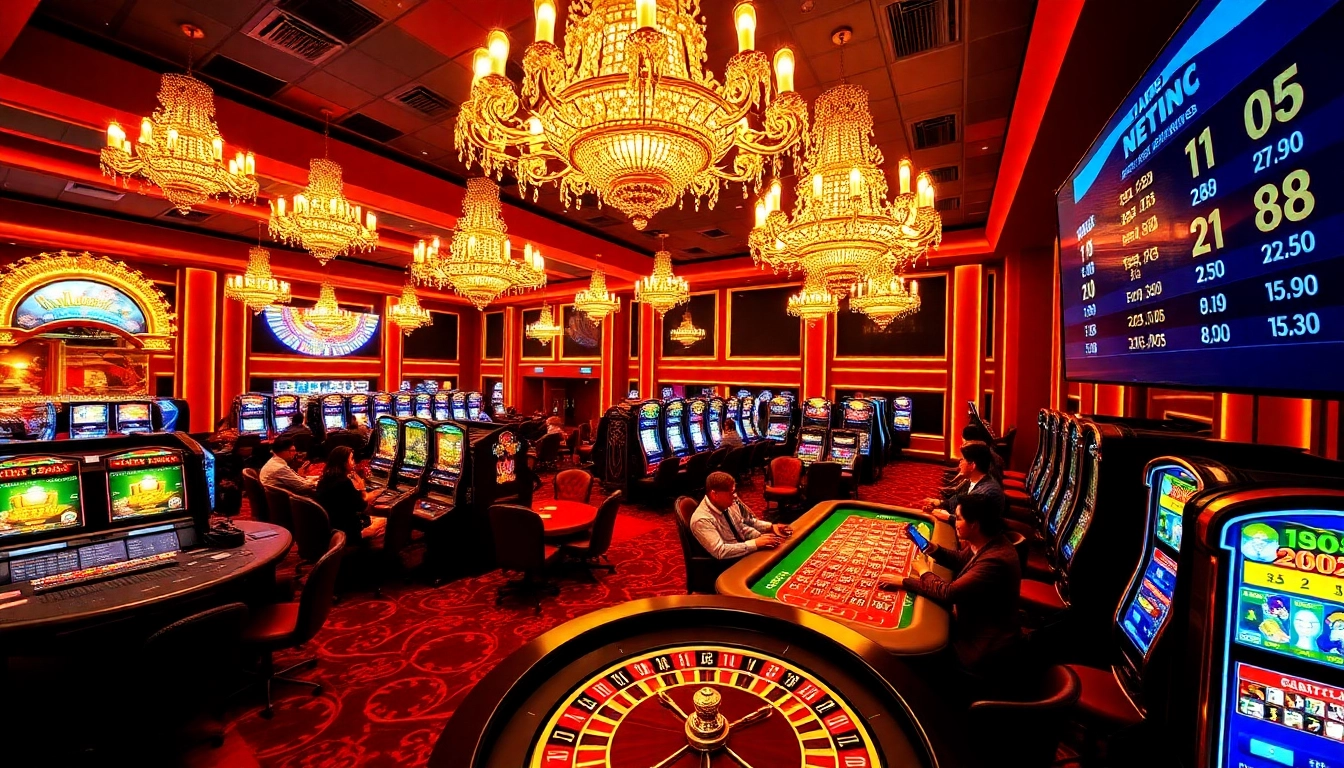 Experience the thrill of one net88 at a luxurious casino with vibrant gaming tables and slot machines.