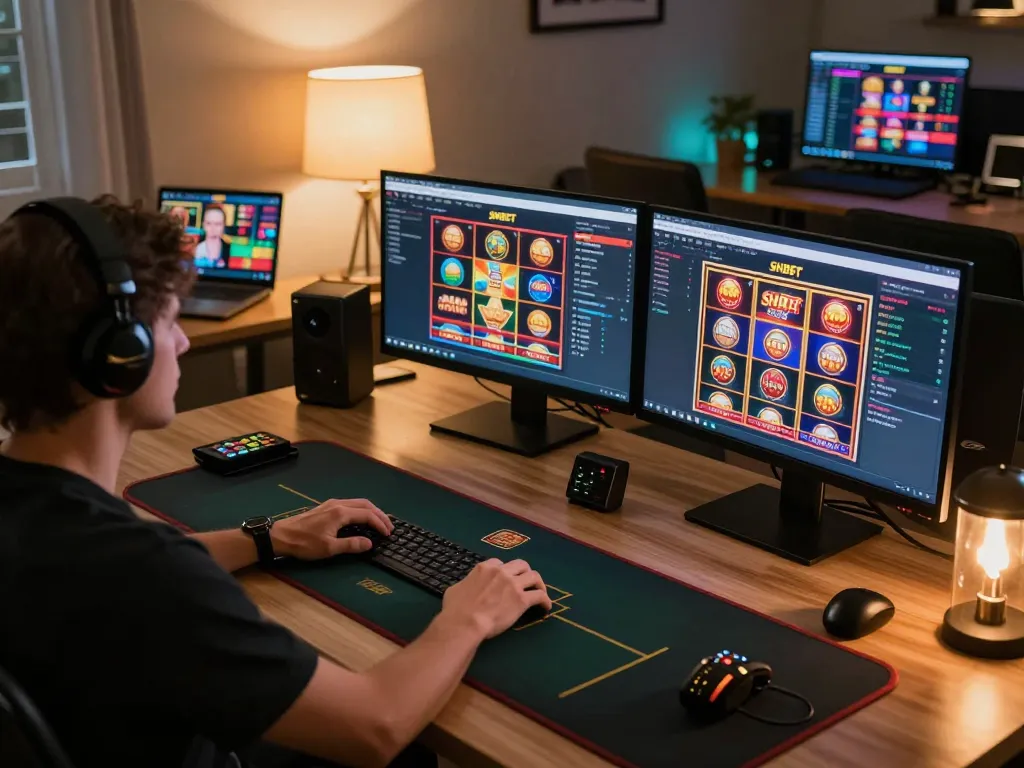 Engaging with SHBET online gambling platform at home, showcasing vibrant game displays and strategic notes