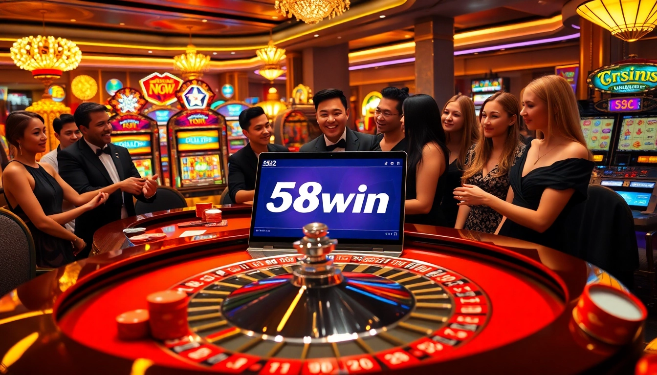 Exciting 58win top casino experience with roulette, online gambling interface, and vibrant slot machines.