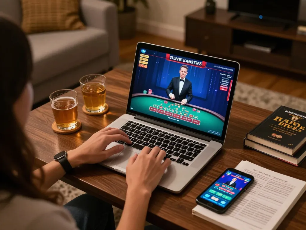 SC88 user engaging with live dealer casino game on laptop, cozy home atmosphere