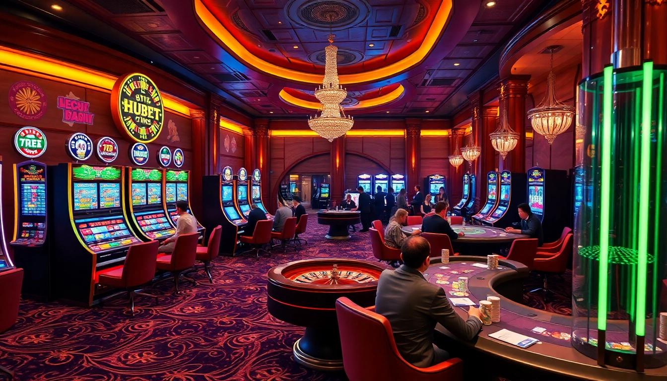 High-stakes gaming action at Hubet casino, featuring vibrant slot machines and professional dealers.