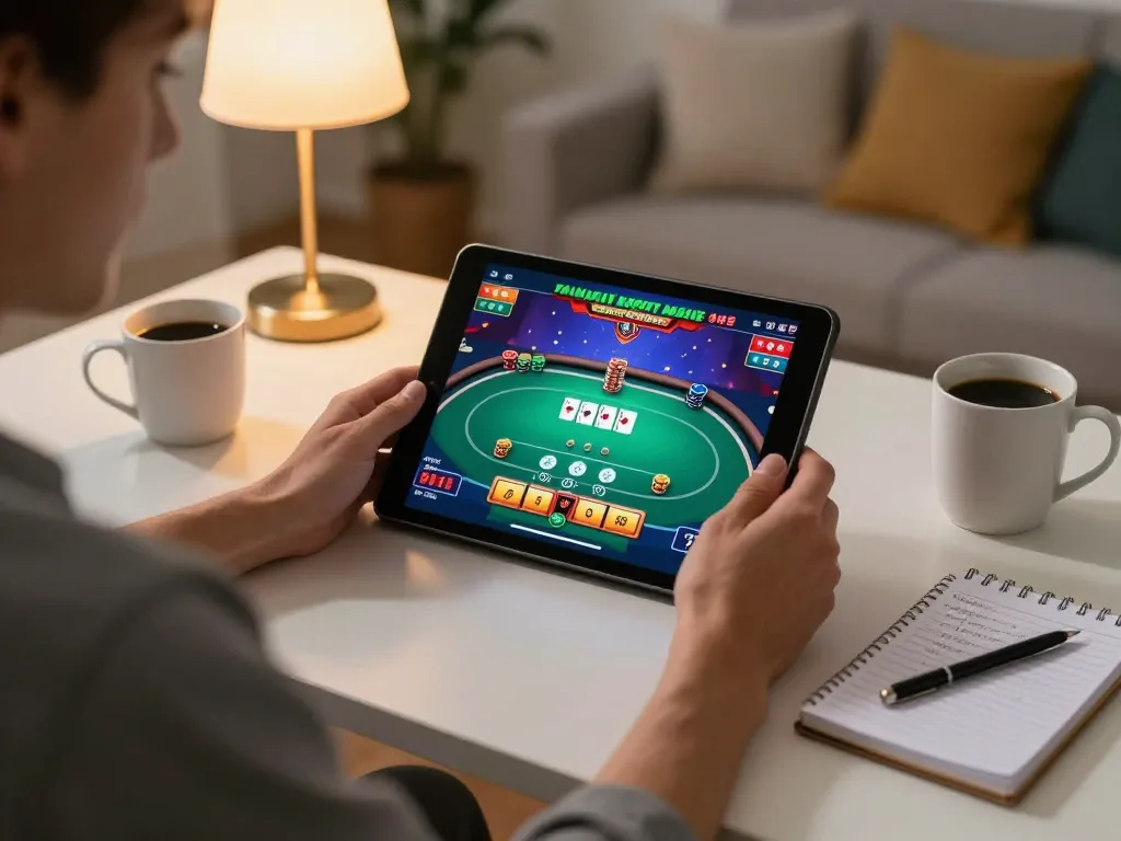 Go8 player strategizing poker betting while using tablet at home office desk