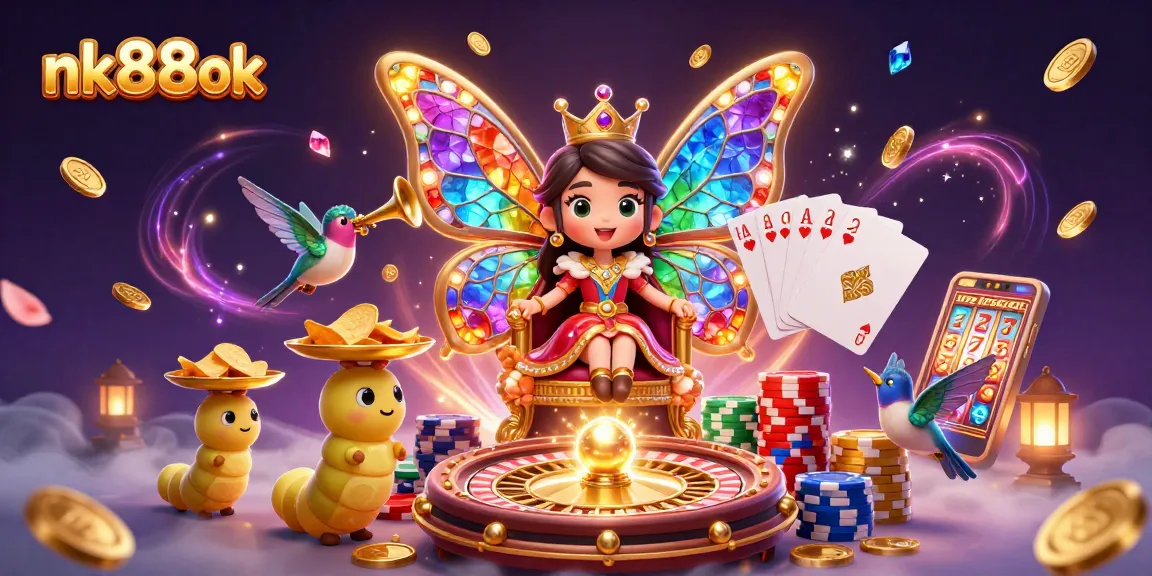 Engage with nk88ok as the butterfly queen presides over a vibrant casino scene filled with games and excitement.