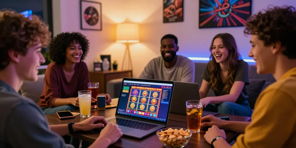 Friends enjoying a fun evening exploring top non uk casinos on a laptop in a stylish living room.