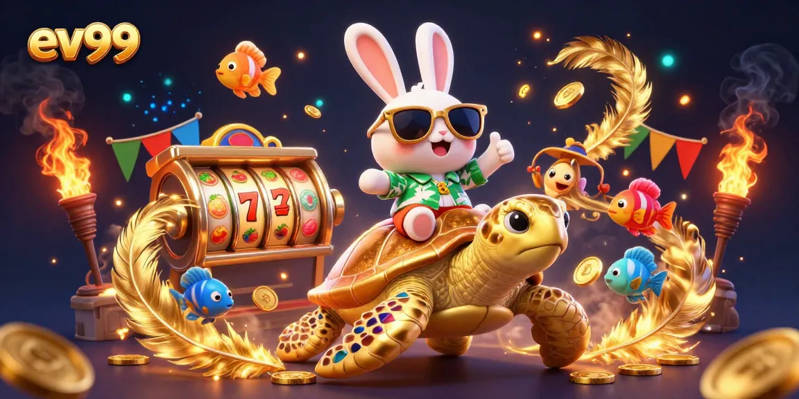 ev99 showcases an adorable rabbit celebrating wins with a golden turtle amidst vibrant casino features.