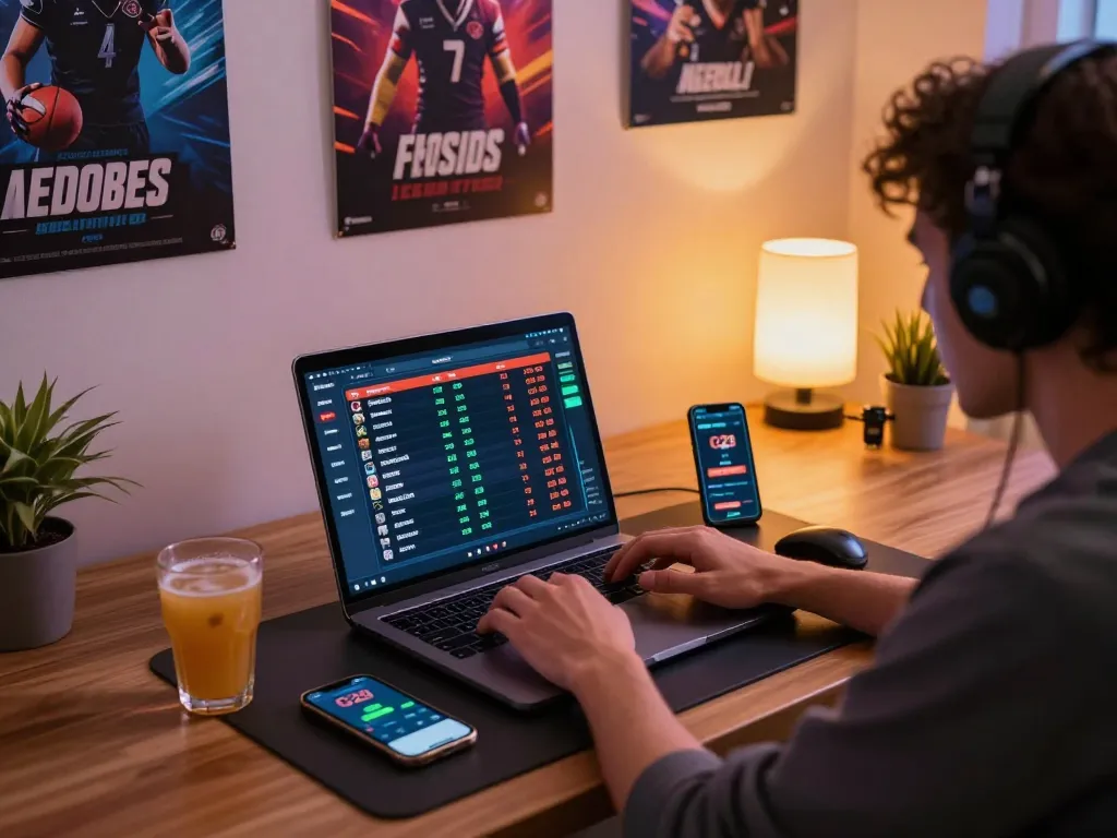 Engaging in strategic sports betting on the G28 platform with a modern home setup.