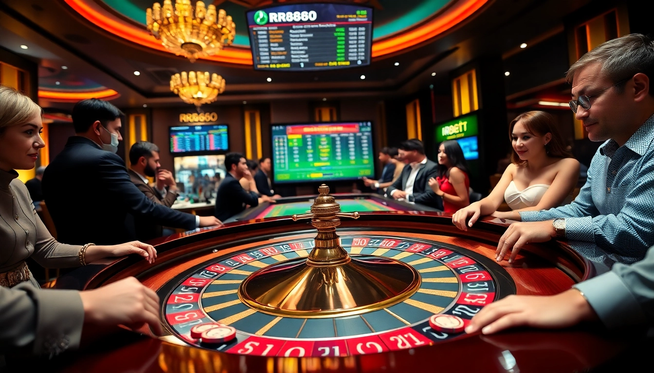 Engaging players enjoying a thrilling gaming experience focused on RR888 bets at a luxury casino.