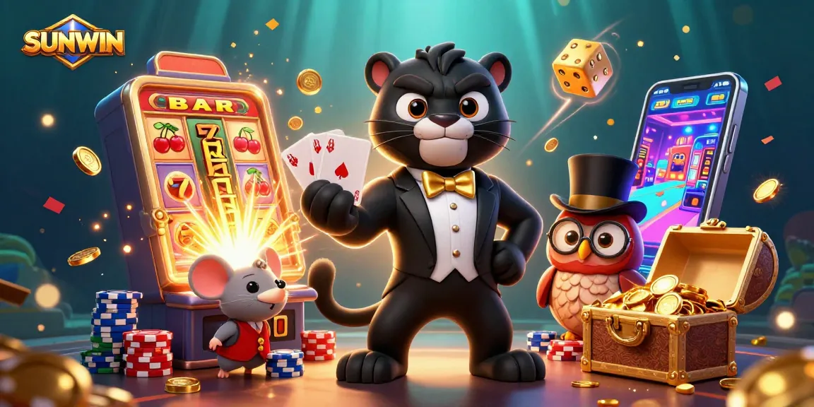 SUNWIN brings excitement as a stylish panther deals cards with a lucky owl and mouse surrounded by vibrant casino elements.