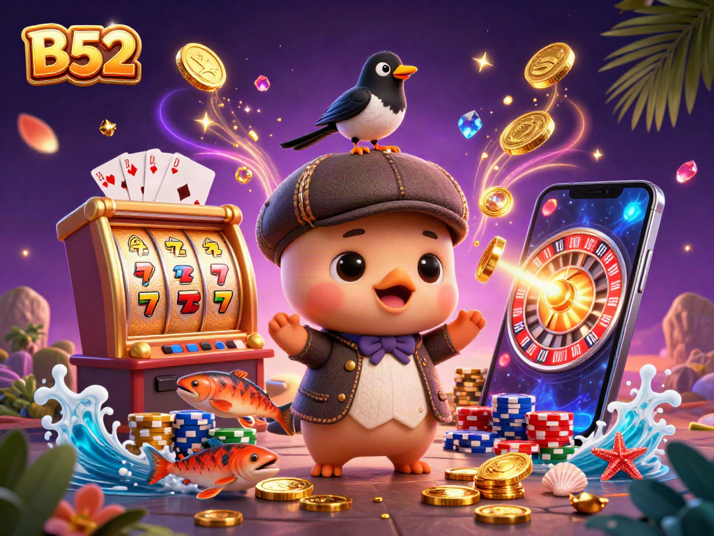 B52 slot machine and playful characters celebrating wins with gold coins and poker chips