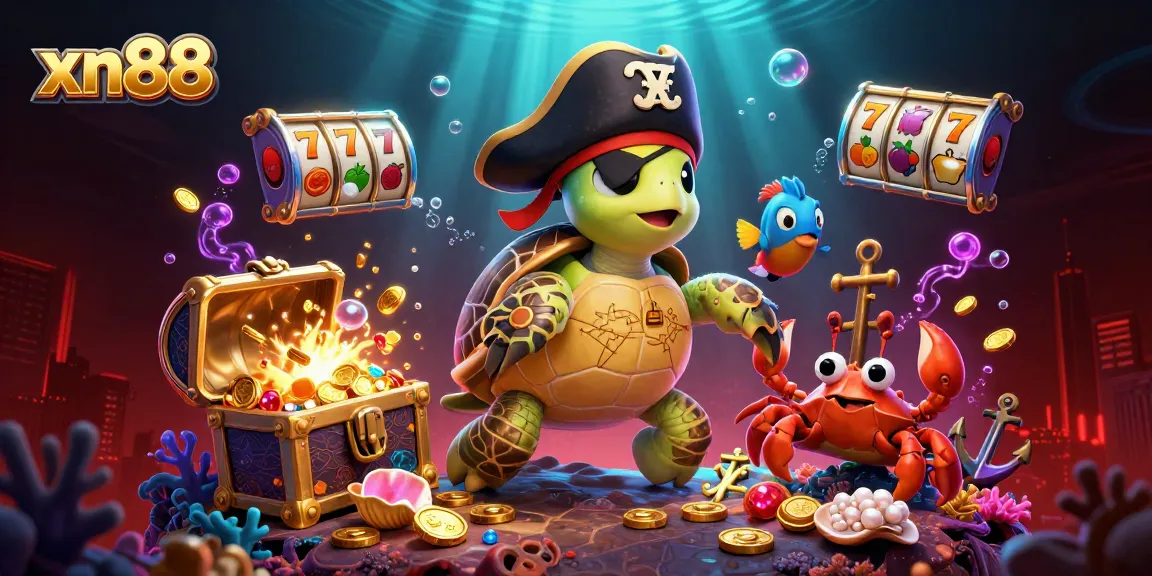 xn88 casino scene featuring a pirate turtle, vibrant underwater treasures, and floating slot reels.