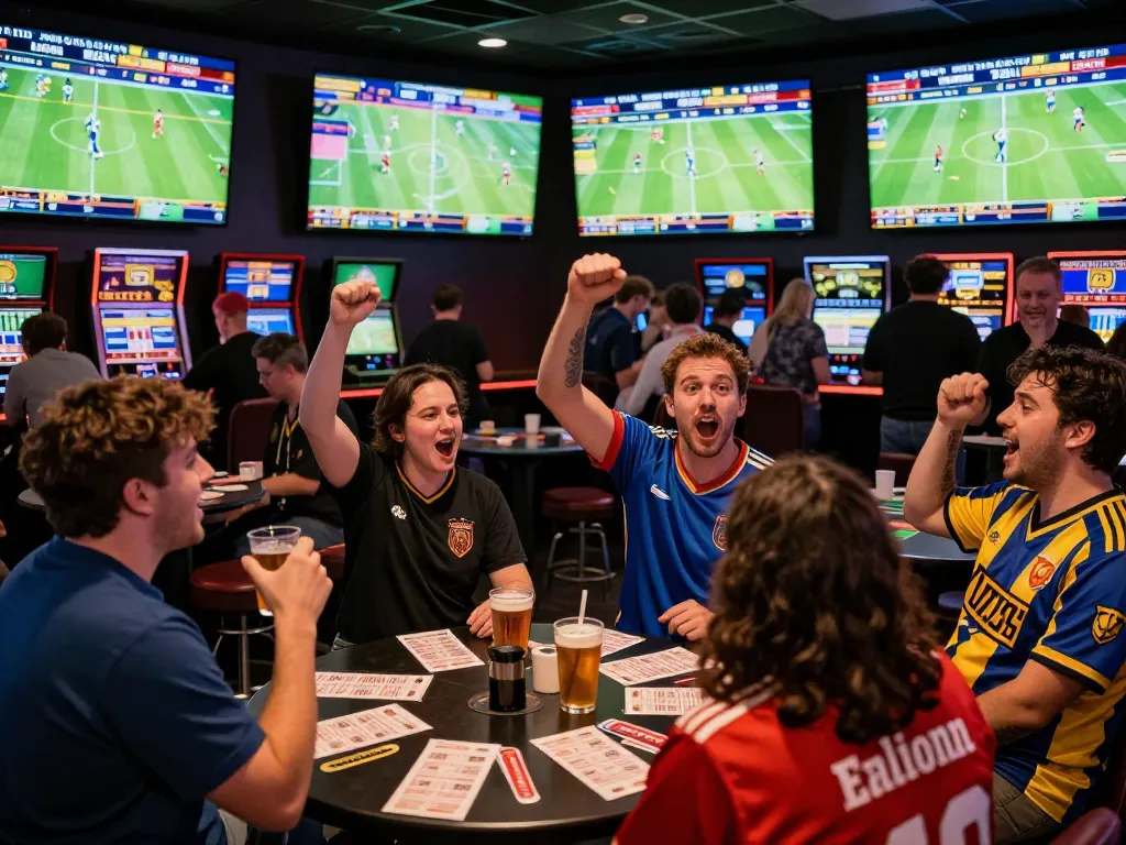 Betting enthusiasts engage with nk88 đăng nhập for live sports betting excitement in a vibrant lounge.