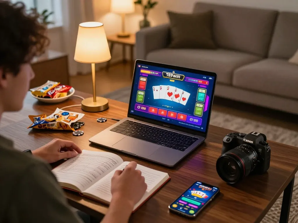 Playing the 789win game on a laptop with strategic notes in a cozy home setup