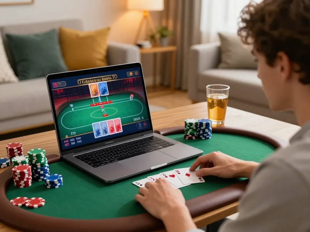Engaging online poker gameplay on 789win. com with lively chips and digital cards visible in a cozy setting.