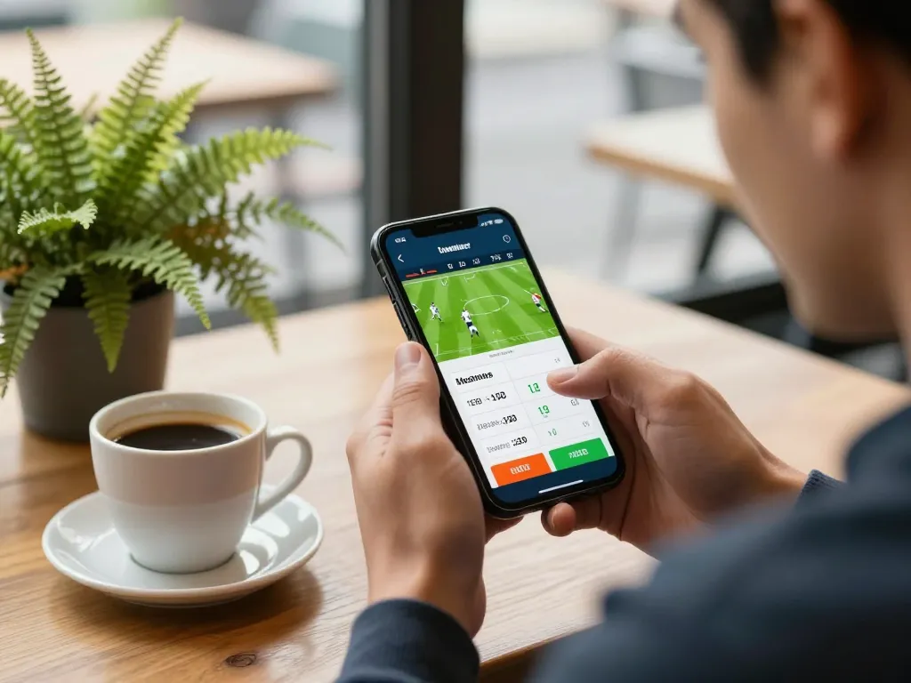 Engaging with 789BET app for live sports betting while enjoying a coffee, dynamic betting action