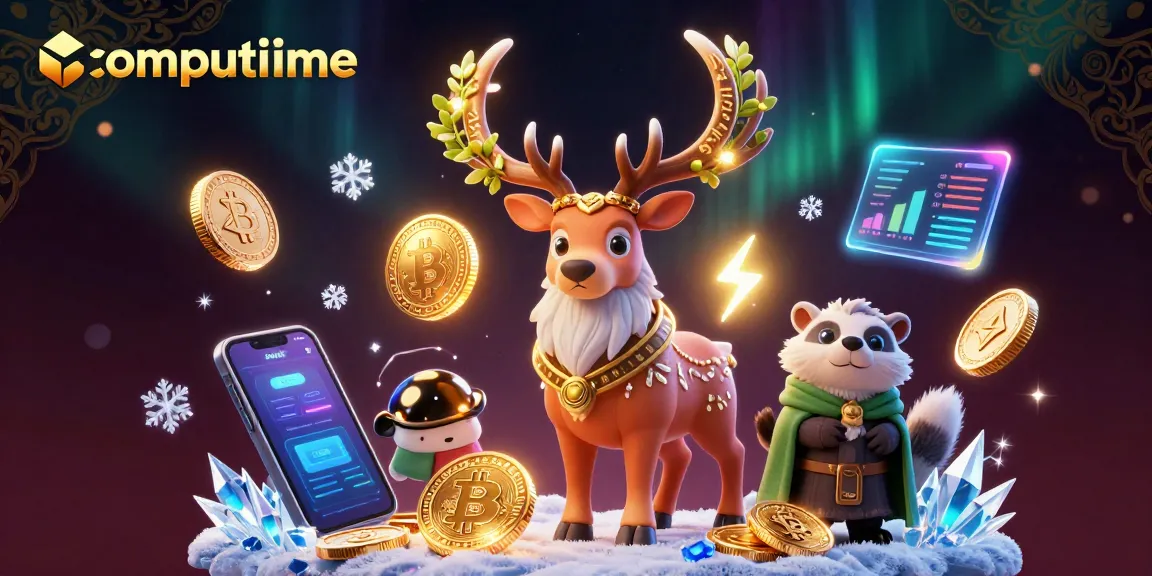 Engage in thrilling gaming action at Computime featuring Celtic stag and badger amidst glowing cryptocurrency elements.