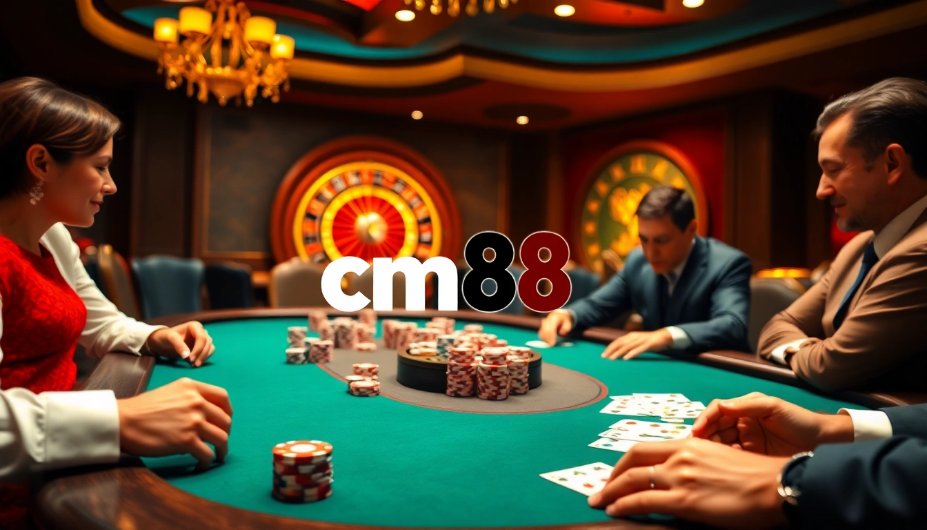 Players enjoying a high-stakes poker game, featuring cm88 branding and luxurious casino elements.