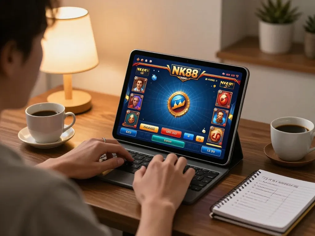 Engaging in NK88 GAME on tablet, highlighting strategic gameplay in a cozy home setting.