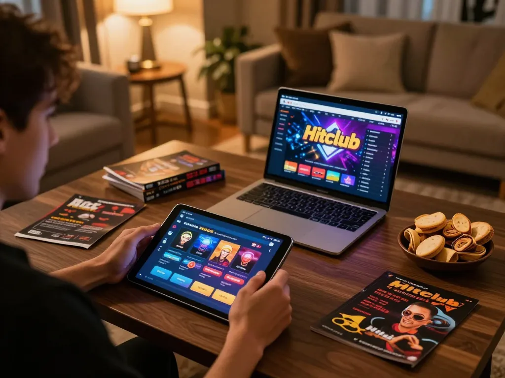 Người chơi tận hưởng ứng dụng casino Hitclub trên máy tính bảng trong một môi trường chơi game ấm cúng.