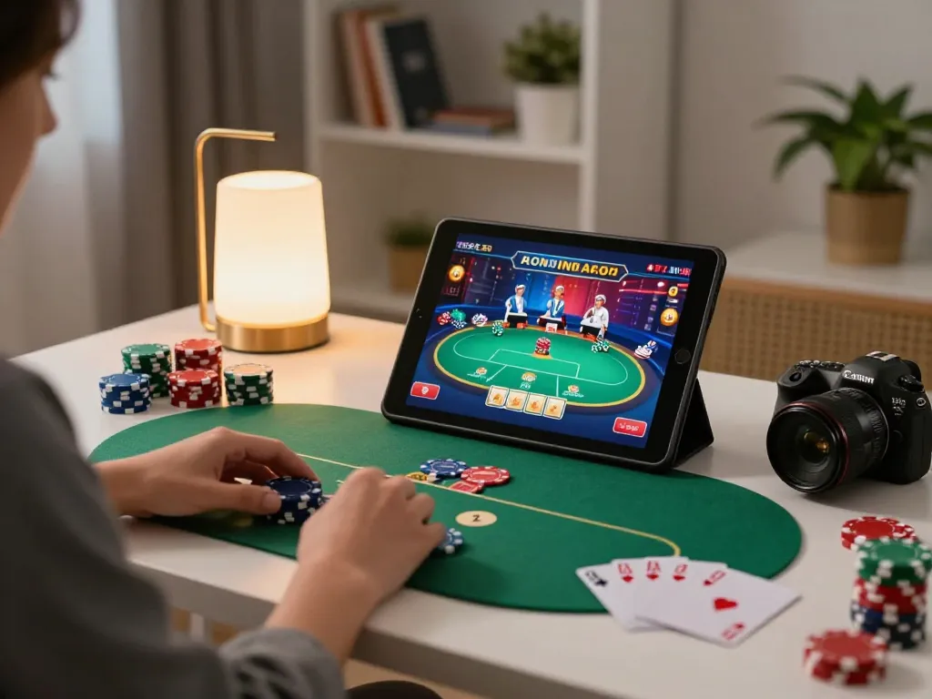 Engaging gameplay on a tablet showcasing 78wingo's online casino experience with vibrant poker elements.