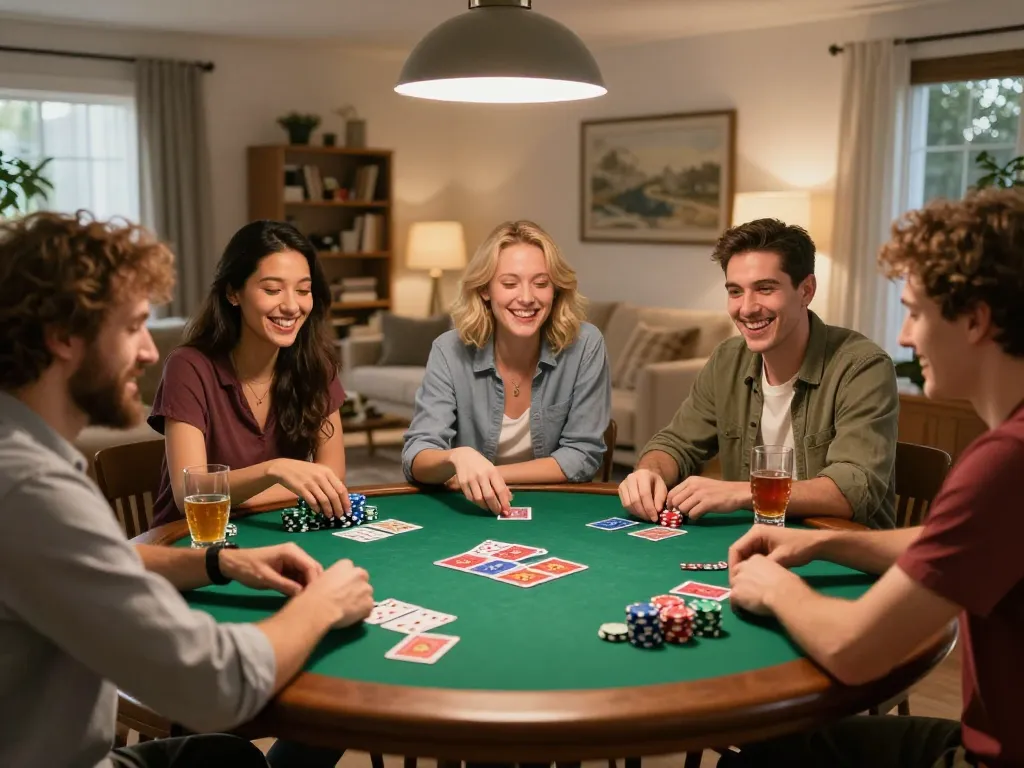 Luck8 players engaged in a lively poker night, colorful chips and cards enhancing social interaction.