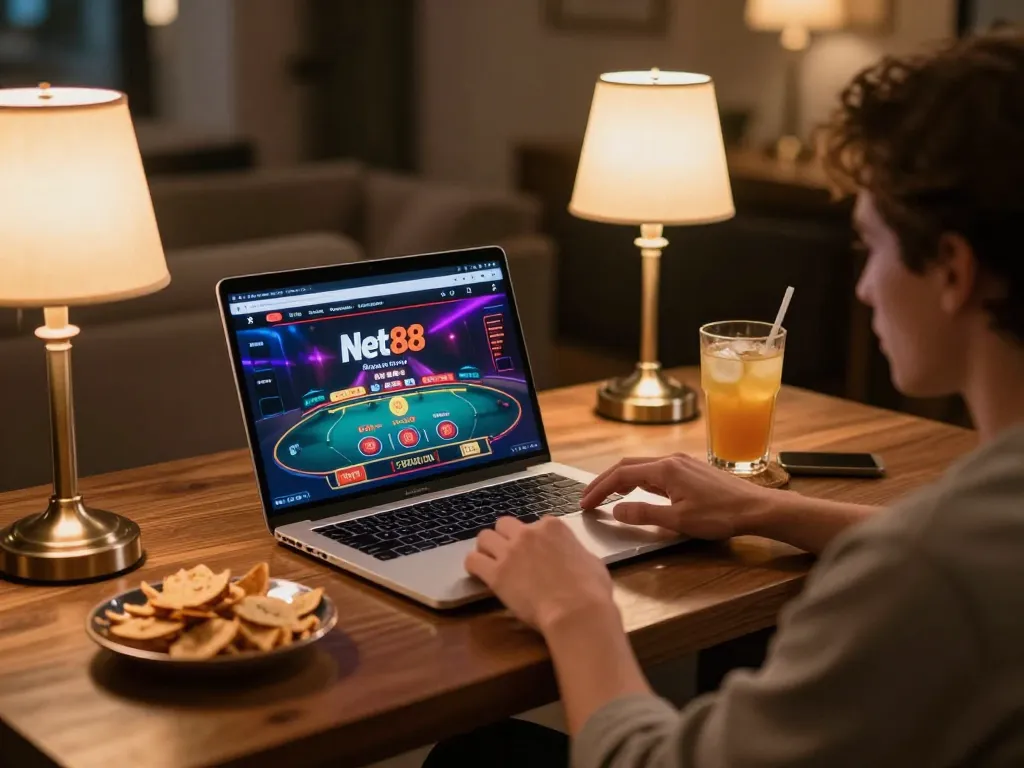 Engaging with Net88's live dealer game on a stylish laptop at a cozy home setup.