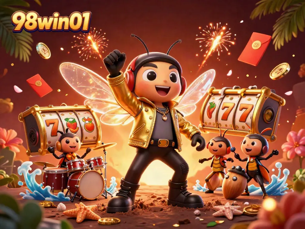 Engaging 3D scene with 98win01's cartoon characters showcasing slot game action and dynamic elements.