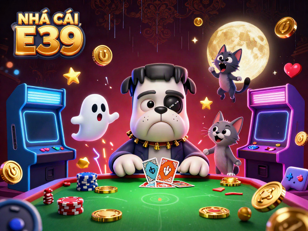 Experience thrilling gameplay at NHÀ CÁI E39 with a cartoon monster dealer, chips, and vibrant casino elements.
