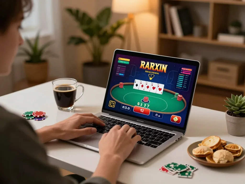 Engaging in online poker gameplay on a laptop while exploring ATQ 777x gaming strategies.