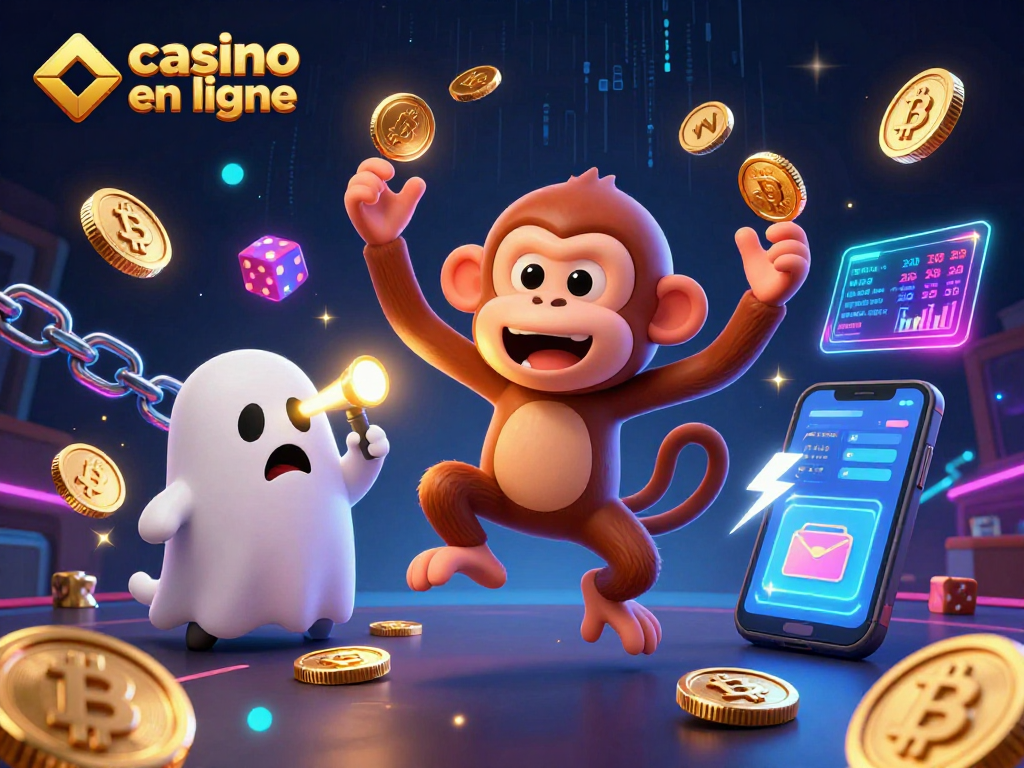 Découvrez le casino en ligne où un singe poltergeist jongle avec des pièces d'or entouré de crypto-monnaies et d'éléments animés.