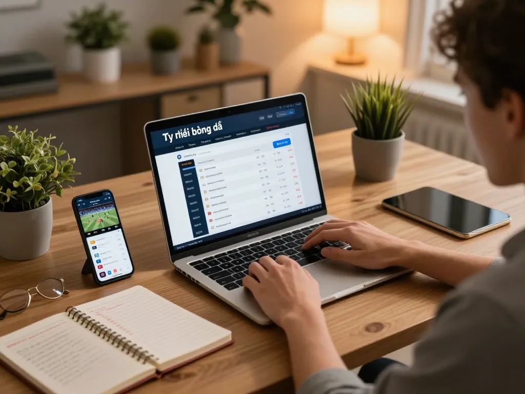 Tỷ lệ bóng đá displayed on an online sports betting setup with a stylish desk and laptop.