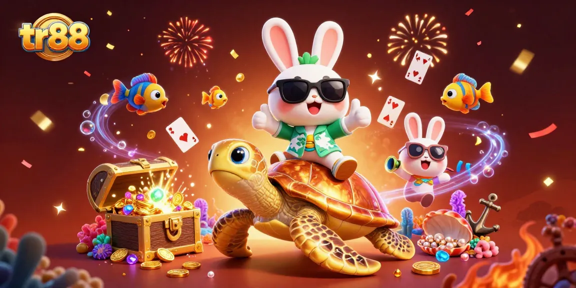 Play and win at TR88 casino with the lucky rabbit and golden turtle, surrounded by treasures.