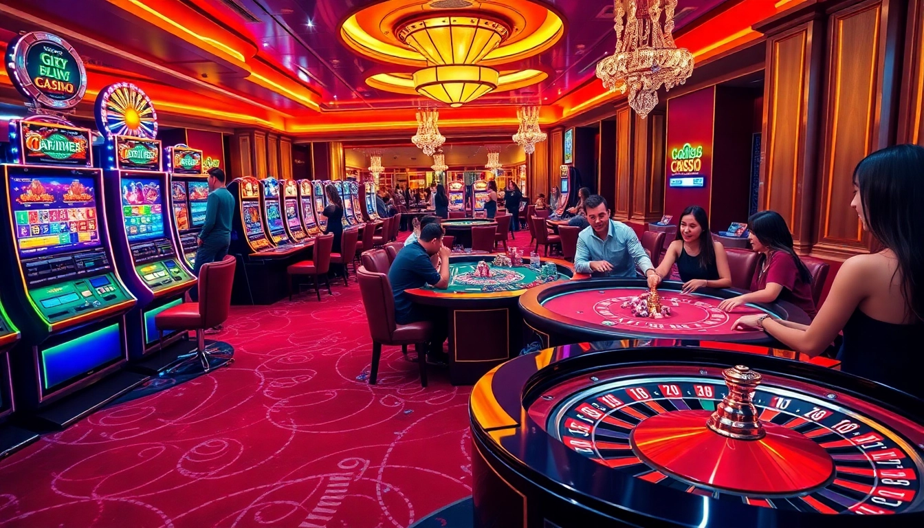 Excited gamblers enjoying games at ONE88.COM casino, with vibrant slot machines and poker tables.