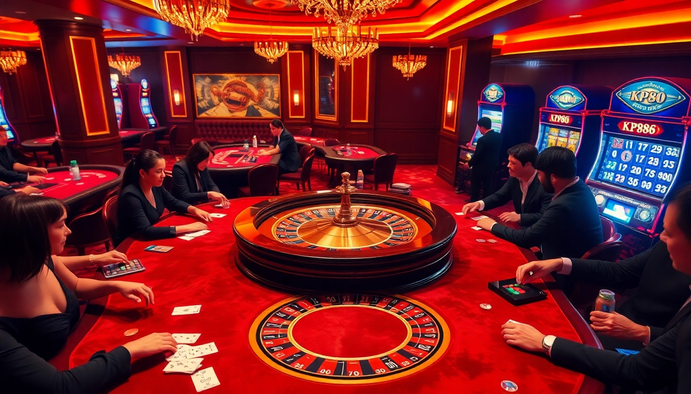 Players enjoying KP88 gaming with excitement at a luxurious casino table