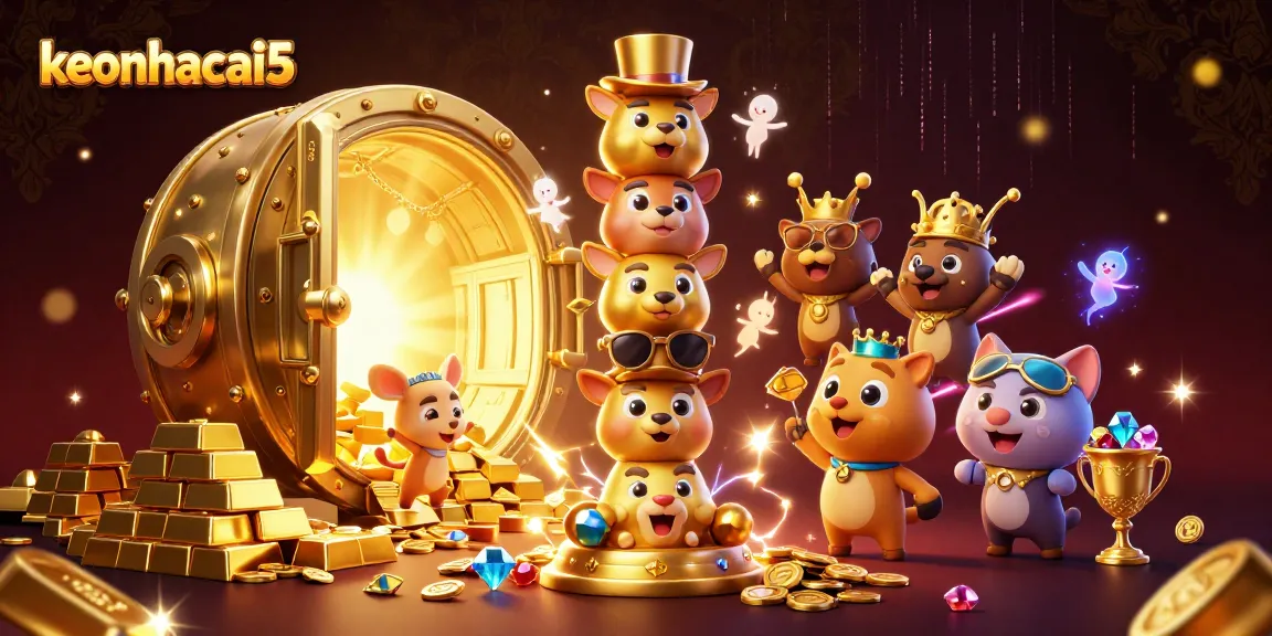 Engage with keonhacai5 in a vibrant 3D casino scene filled with treasures and spirit wisps.