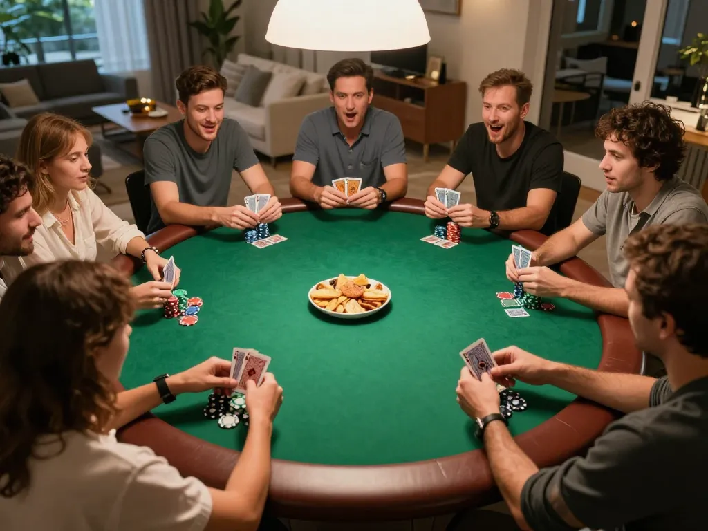 Các người chơi B52club ăn mừng một ván bài thắng tại một buổi tối poker tại nhà, thể hiện sự cạnh tranh thân thiện và tình bạn.