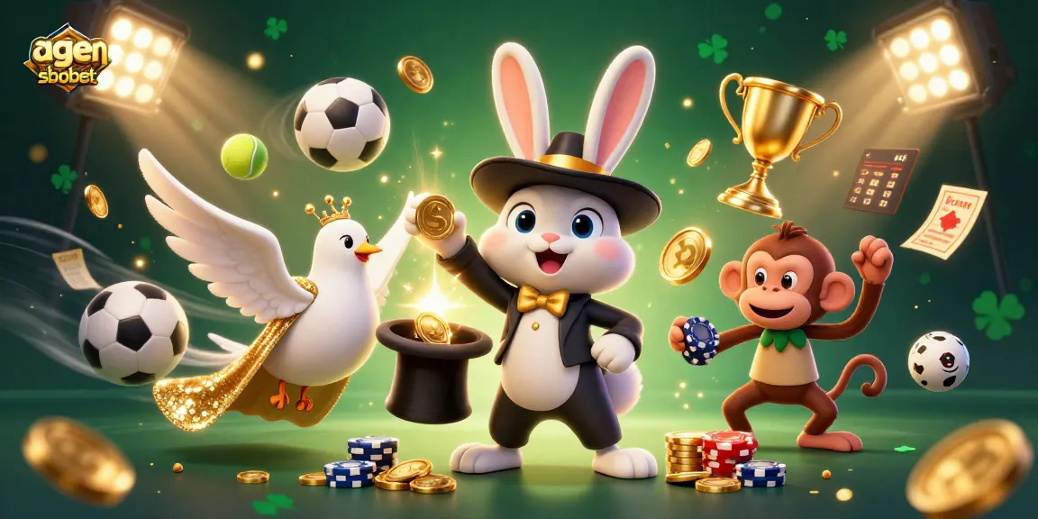 A thrilling scene showcasing agen sbobet with a magician rabbit, dove, and monkey amid sports elements like balls and trophies.