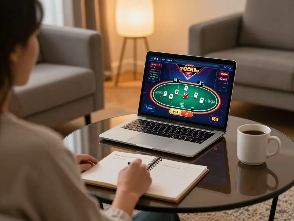 Player engaged in online casino gaming on laptop, xx88 poker interface displayed, modern home setup.
