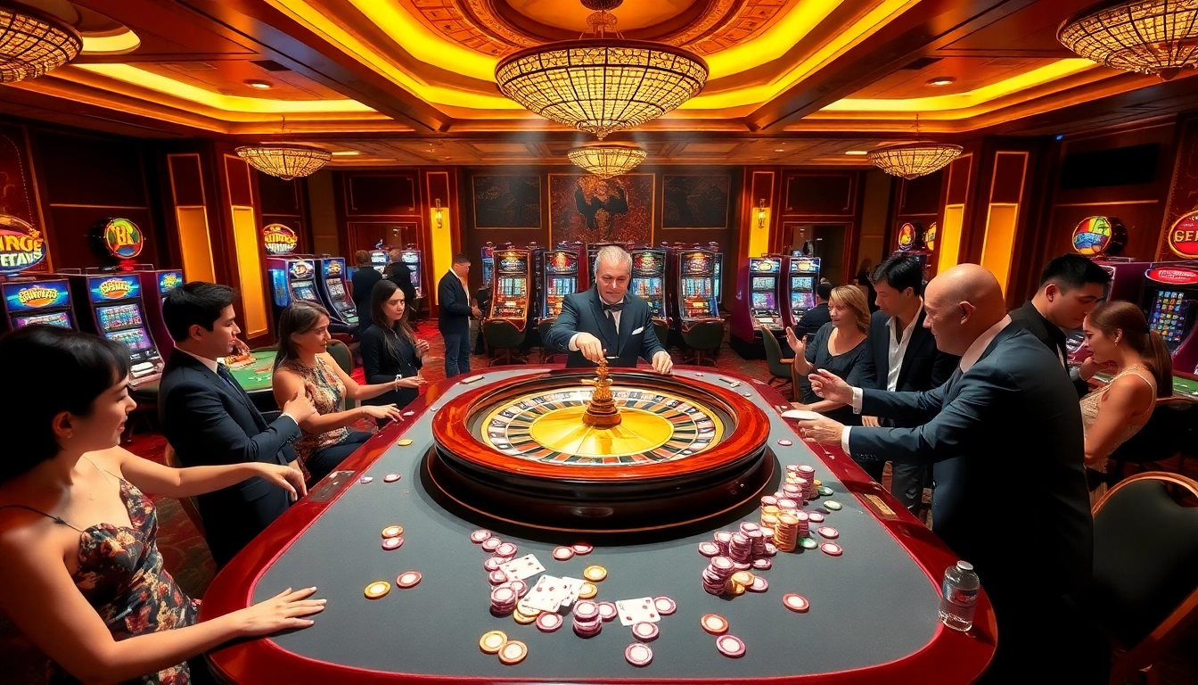 Nohu90 players enjoying a thrilling game at a luxury casino table with vibrant roulette wheels and chips.